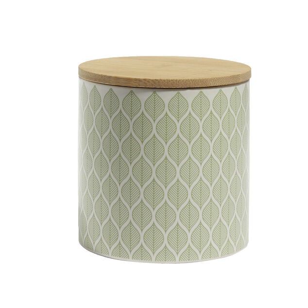 Pot de conservation 500ml gr&egrave;s motifs arrondis couvercle bambou &Oslash;10xH10cm