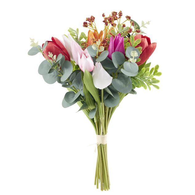 Bouquet artificiel 24 tiges tulipes rouge et eucalyptus &Oslash;24xH38cm