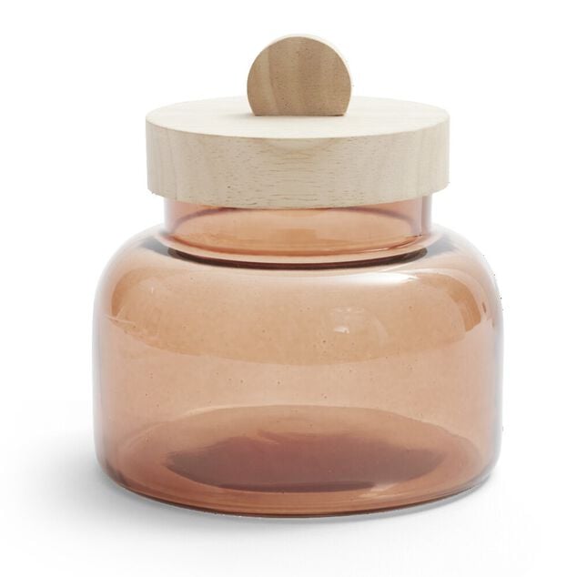 Bo&icirc;te en verre marron + couvercle bois &Oslash;12xH16cm