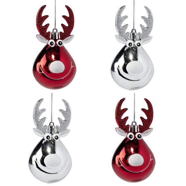 Boule de No&euml;l forme renne x4 plastique rouge et argent&eacute; &Oslash;6xH10cm