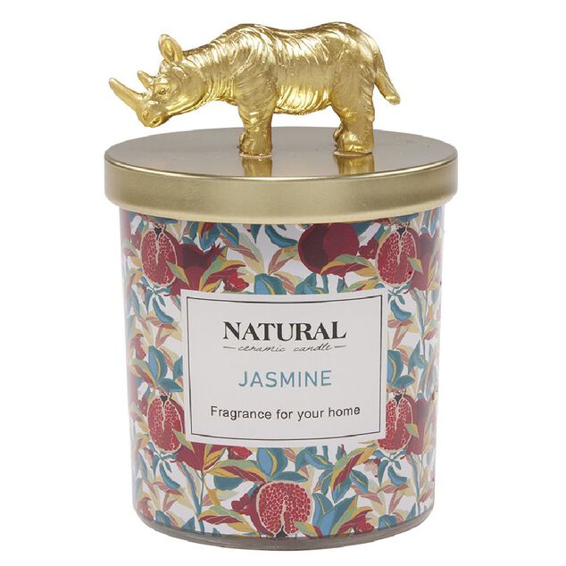 Bougie parfum&eacute;e couvercle animal jungle dor&eacute; &Oslash;8xH12cm