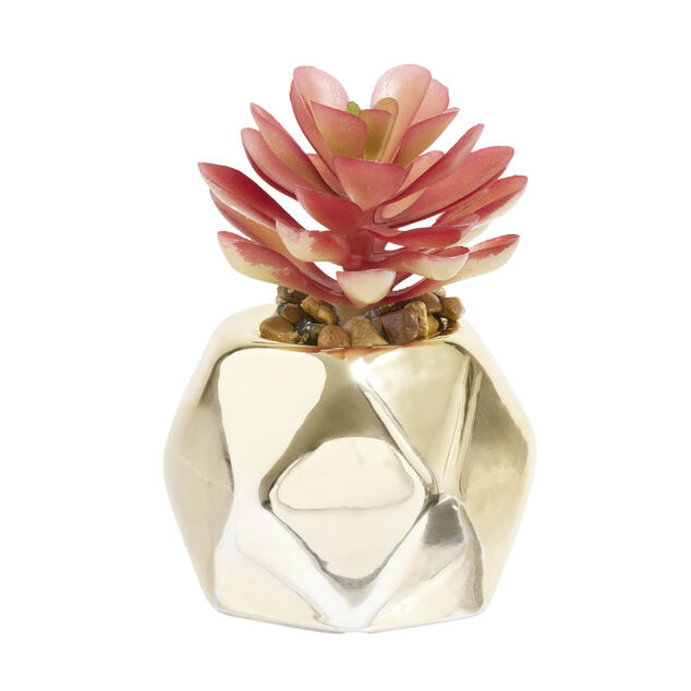 Plante grasse artificielle pot c&eacute;ramique dor&eacute; &Oslash;7xH9cm (2 mod&egrave;les)