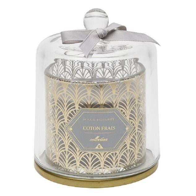 Bougie parfum&eacute;e grise sous cloche transparent dor&eacute;