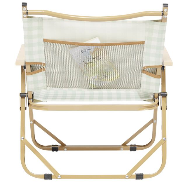 Chaise de camping pliable bambou et toile quadrill&eacute;e vert et blanc 54x38xH62cm
