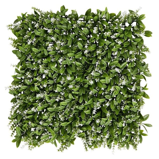 Carr&eacute; v&eacute;g&eacute;tal artificiel feuillage et fleurs blanches 50x50cm clipsable