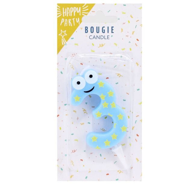 Bougie chiffre 3 cire personnage &eacute;toiles bleu et jaune H8,5cm
