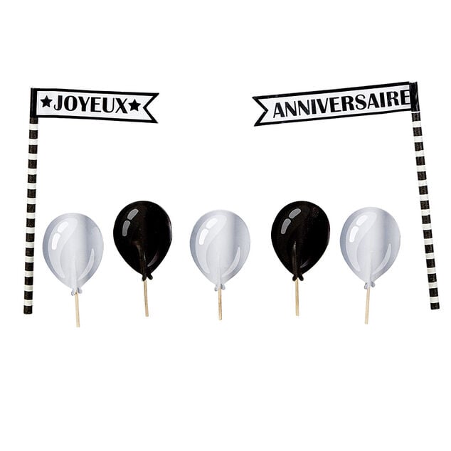 Décoration gâteau Joyeux anniversaire et ballons noirs et gris