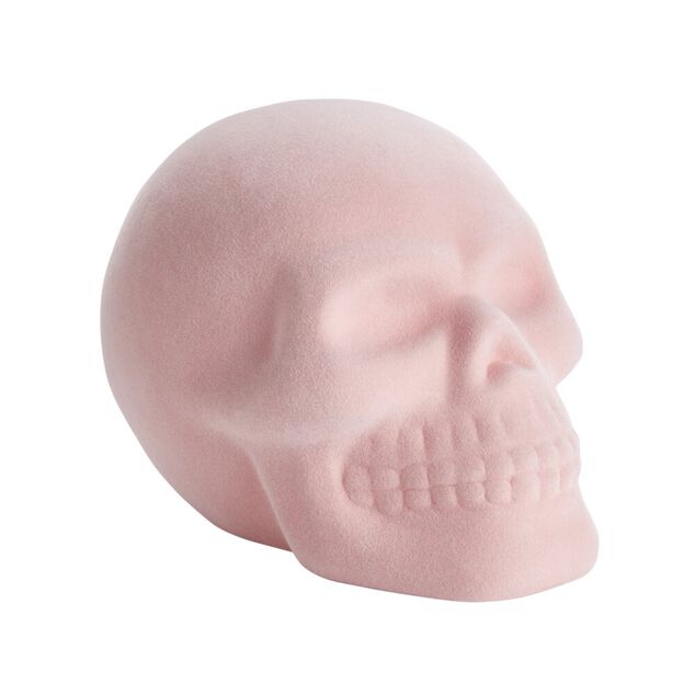 D&eacute;coration velours Halloween t&ecirc;te de mort pastel rose 12x11xH16cm