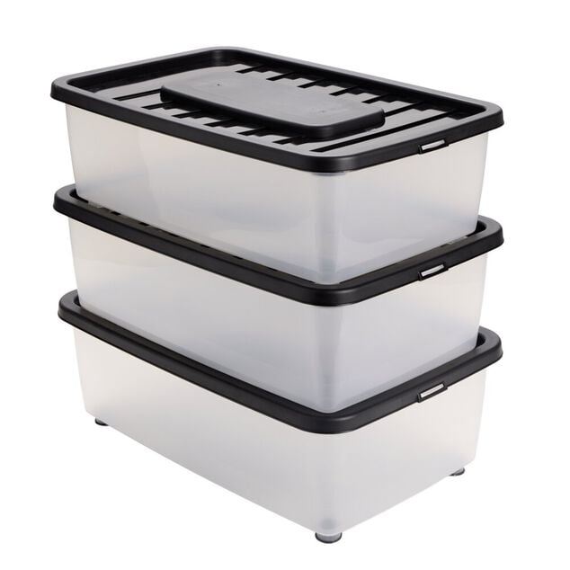 Box dessous de lit 25L x3 plastique transparent couvercle noir 56x37xH18cm