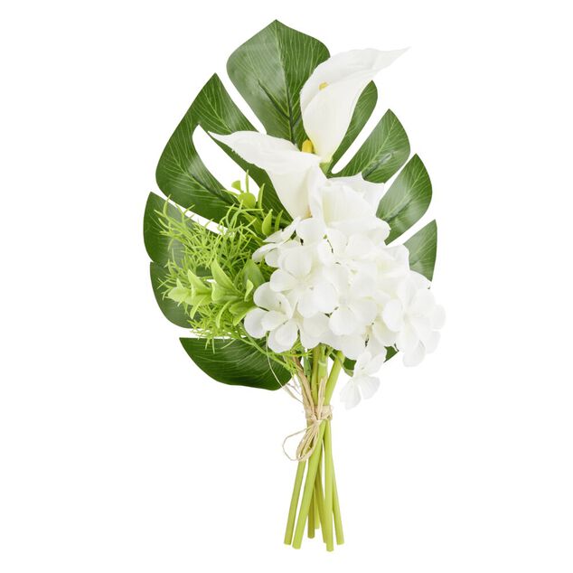 Composition florale artificielle monstera et bouquet blanc 20x13xH36cm
