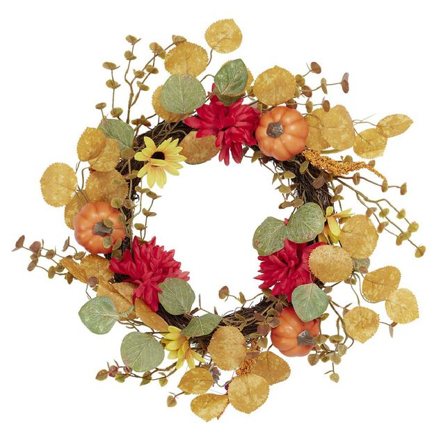 Couronne artificielle automne fleurs feuilles et citrouilles &Oslash;45cm
