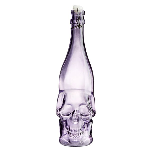 Bouteille en verre Halloween 1L forme cr&acirc;ne violet bouchon m&eacute;tal