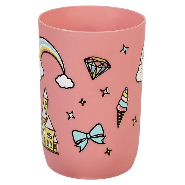 Gobelet salle de bain enfant rose motif ch&acirc;teau arc-en-ciel