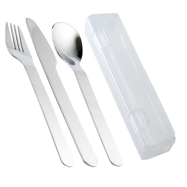 Couverts x3 en acier dans boîte de rangement plastique L20cm (couteau/fourchette/cuillère)