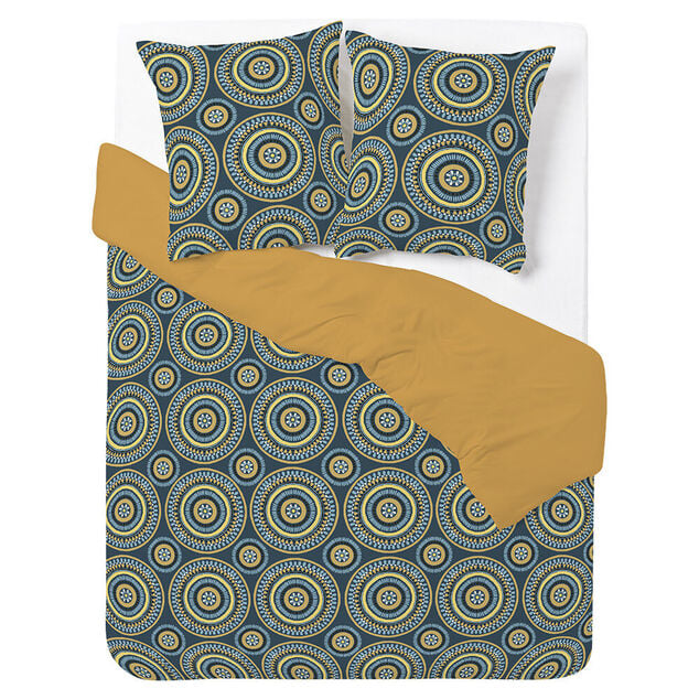 Parure de lit 2 personnes 240x220cm r&eacute;versible motif arabesque orange et bleu