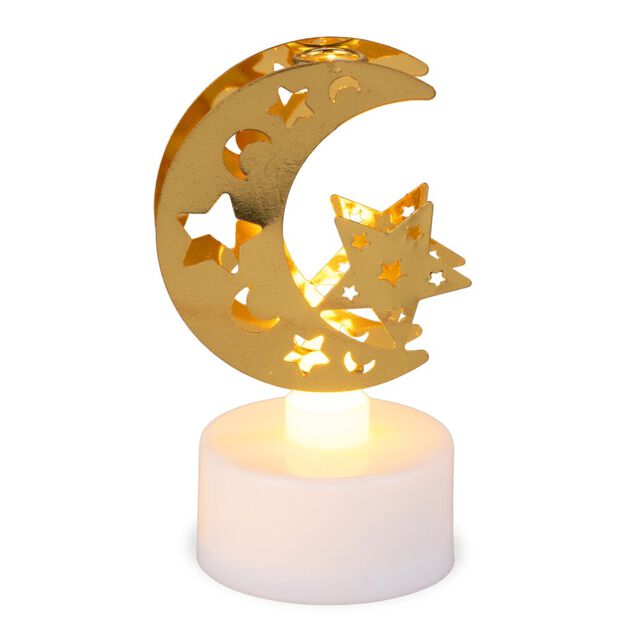 Bougie chauffe-plat LED avec d&eacute;cor arabesque ajour&eacute; dor&eacute; &Oslash;3xH8cm