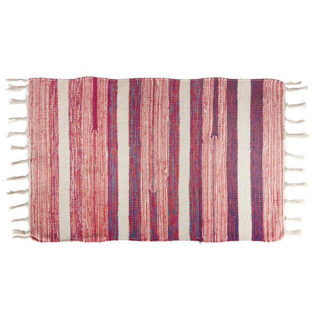 Tapis tress&eacute; &agrave; franges rayure beige et rouge 100% coton 40x60cm