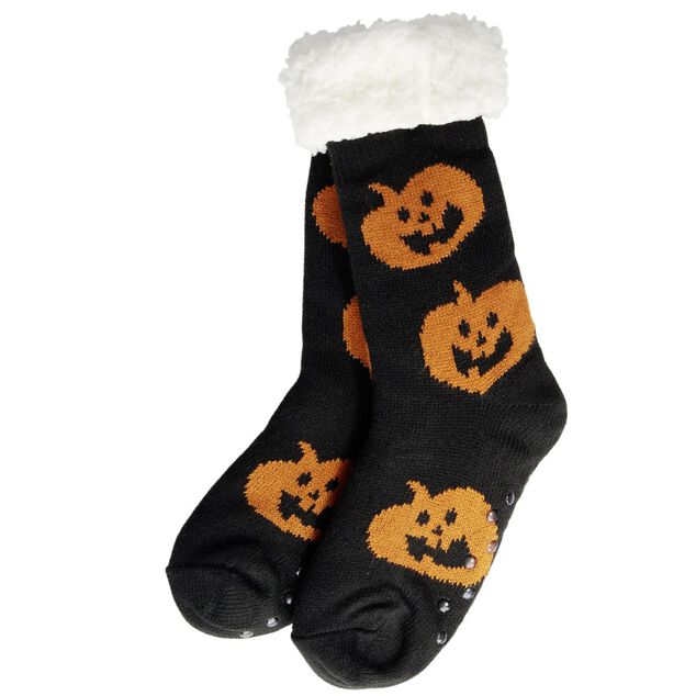Chaussettes Halloween polaires motifs citrouilles noirs et orange Taille unique