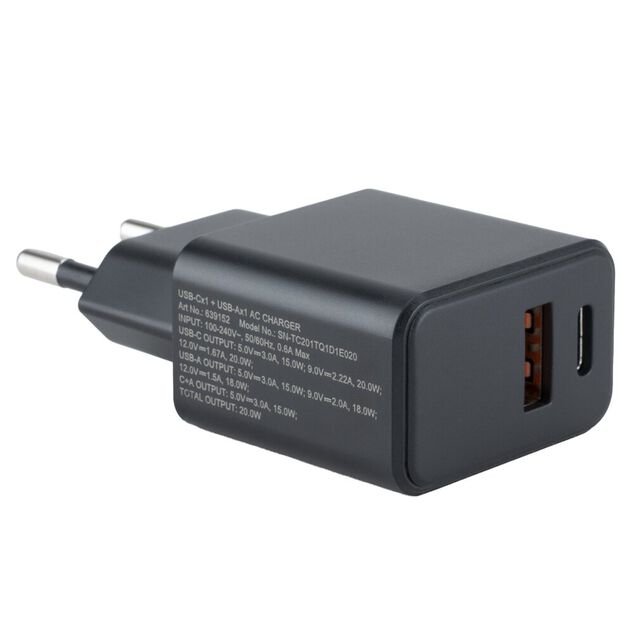 Chargeur mural 2 ports USB et USB-C 20W (2 mod&egrave;les)