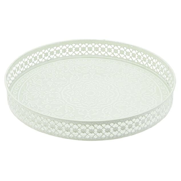 Plateau rond m&eacute;tal motif mandala rose gris ou vert