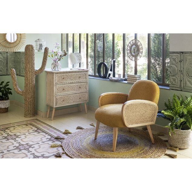 Tapis tiss&eacute; rond avec pompons naturel et jaune