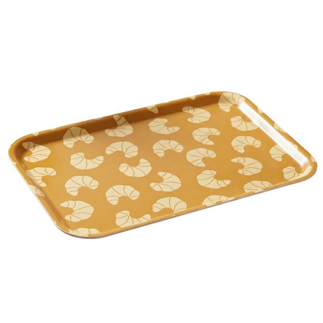 Plateau rectangulaire m&eacute;lamin&eacute; motif croissants jaune 19x30cm