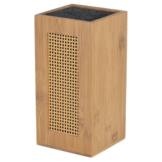 Bloc couteau de cuisine en bois et bambou face effet rotin tress&eacute; 11x11xH22cm