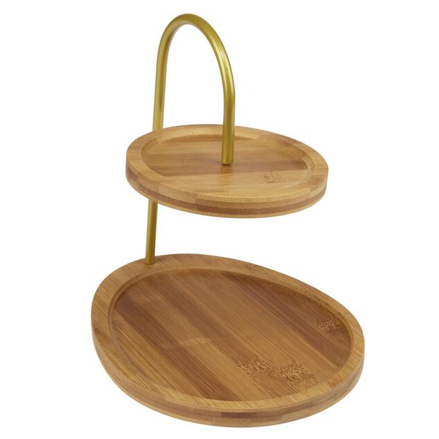 Plateau de pr&eacute;sentation 2 niveaux m&eacute;tal et bambou &Oslash;20cm et 18x24cm