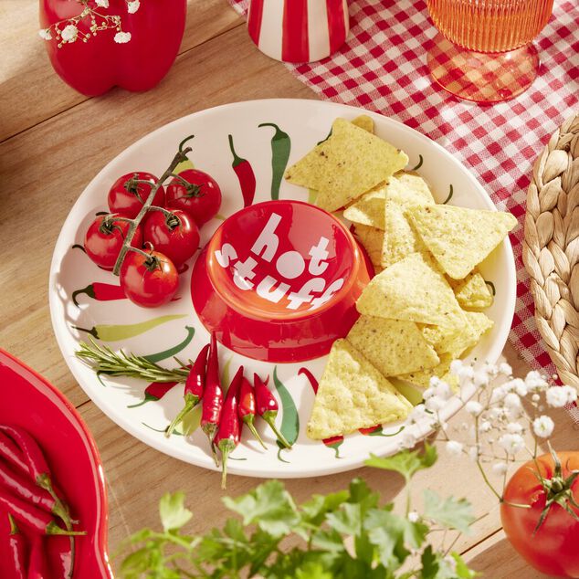 Assiette de pr&eacute;sentation dolomite compartiment sauce motif piment &Oslash;24cm (2 mod&egrave;les)