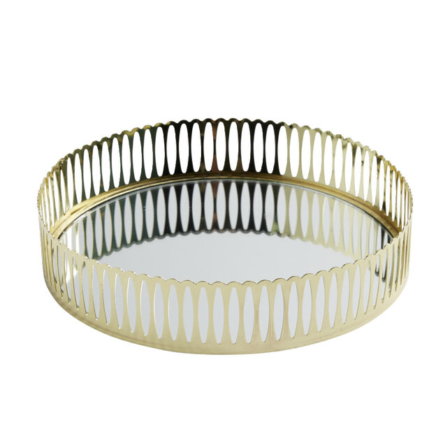 Plateau miroir en m&eacute;tal dor&eacute; &Oslash;25,5xH5,5cm