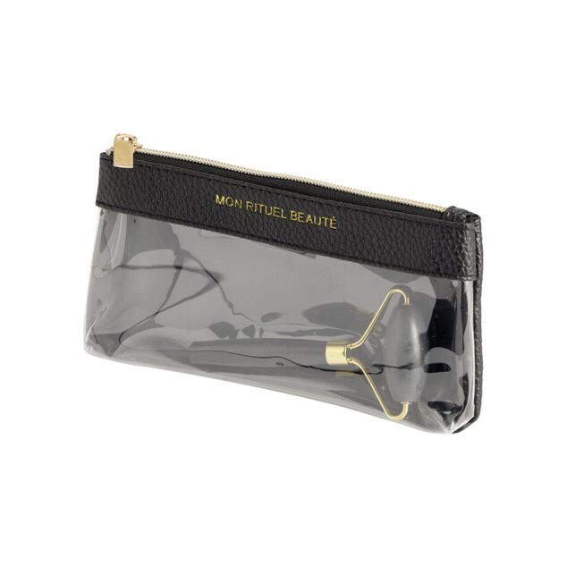 Pochette maquillage avec roll on pierre jade noir et dor&eacute; L18cm