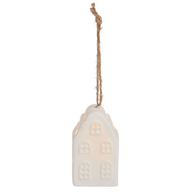 Suspension de No&euml;l lumineuse forme maison c&eacute;ramique blanche 1LED blanc chaud H7,5cm