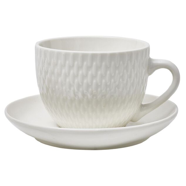 Tasse emboss&eacute;e avec sous-tasse fa&iuml;ence blanc x4