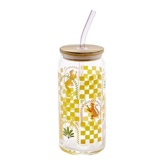 Gobelet en verre motif tropical avec paille et couvercle bambou 600ml (3 mod&egrave;les)