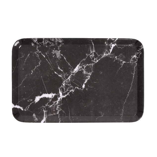 Plateau rectangulaire m&eacute;lamin&eacute; effet marbre gris et blanc 19x30cm