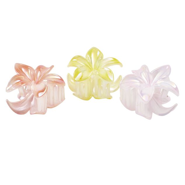 Pince cheveux x3 mini fleur de tiar&eacute; nacr&eacute; plastique jaune rose orange L5cm