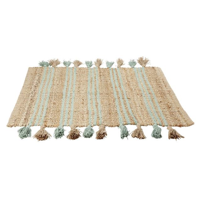 Tapis en jute vert et naturel avec pompons 60x90cm