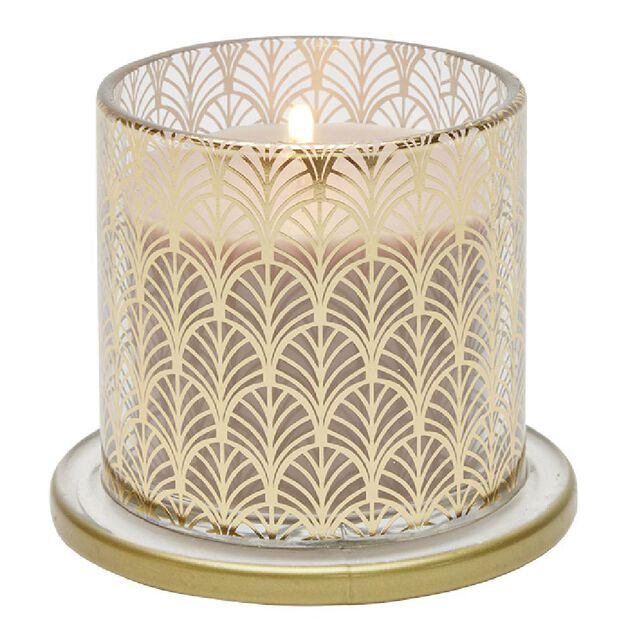 Bougie parfum&eacute;e beige sous cloche transparent dor&eacute;
