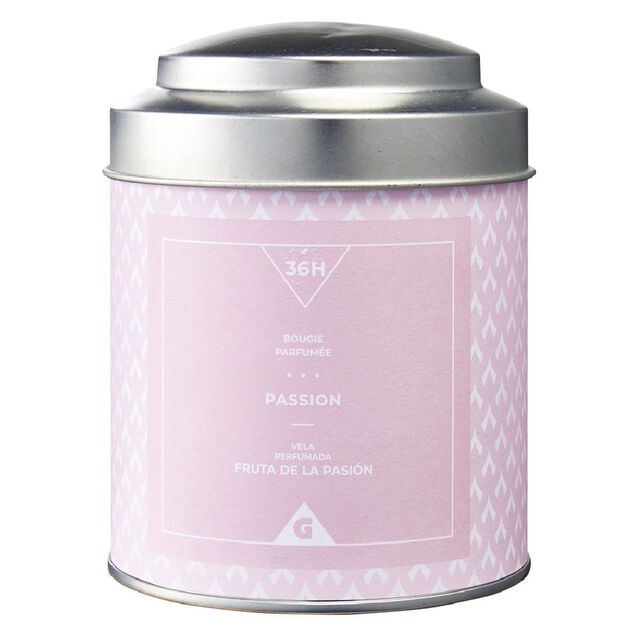 Bougie parfum&eacute;e dans pot en m&eacute;tal senteur passion