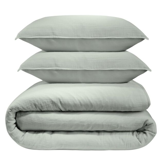 Parure de lit L240X220 cm gaze de coton 1 housse 2 taies 63X63 cm uni vert