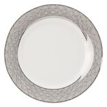Assiette &agrave; dessert porcelaine blanche bord motif argent&eacute; &Oslash;19cm