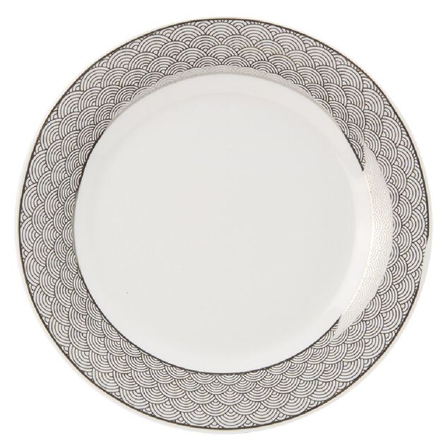 Assiette &agrave; dessert porcelaine blanche bord motif argent&eacute; &Oslash;19cm