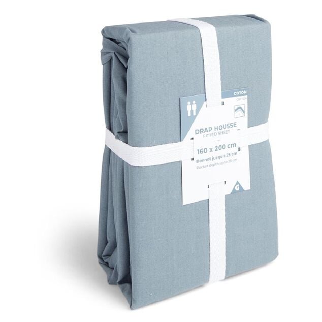 Drap housse 160x200cm 100% coton bleu chin&eacute;