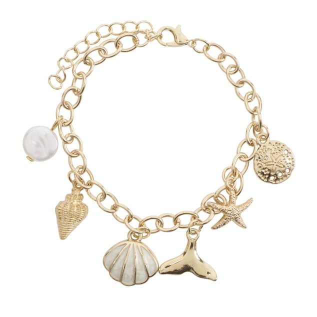 Bracelet cha&icirc;ne 6 pampilles coquillages m&eacute;tal dor&eacute; L10cm