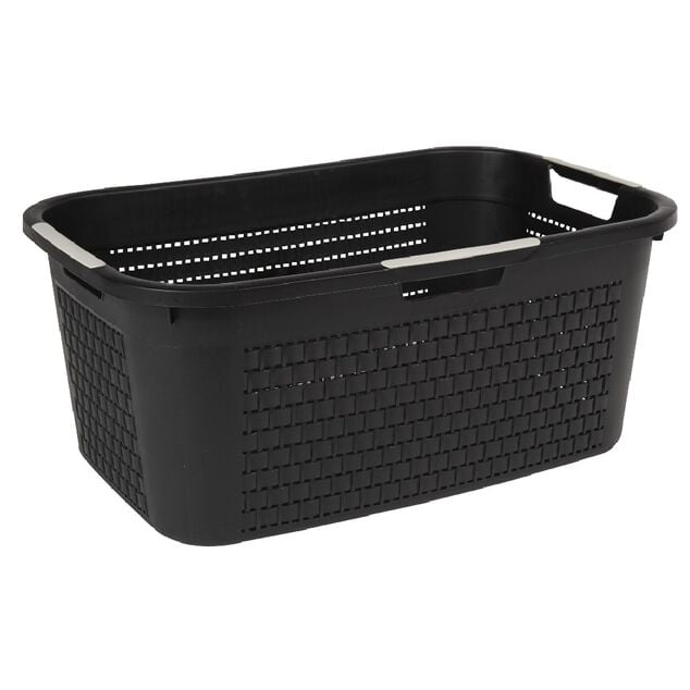 Corbeille &agrave; linge avec poign&eacute;es design rotin noire 40 L