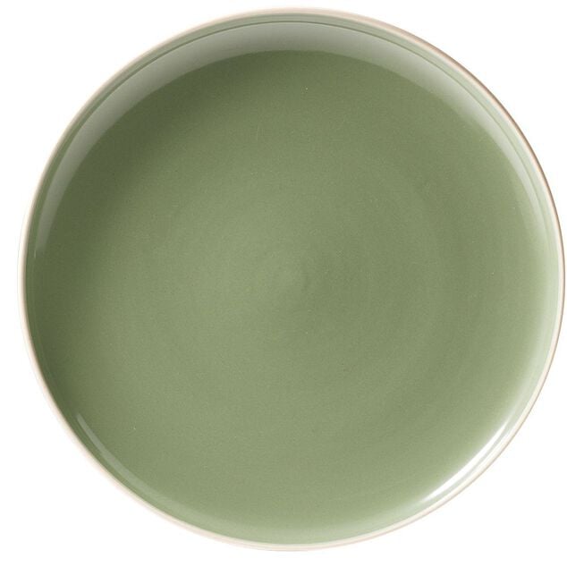 Assiette plate fa&iuml;ence vert bord liser&eacute; cr&egrave;me &Oslash;27cm
