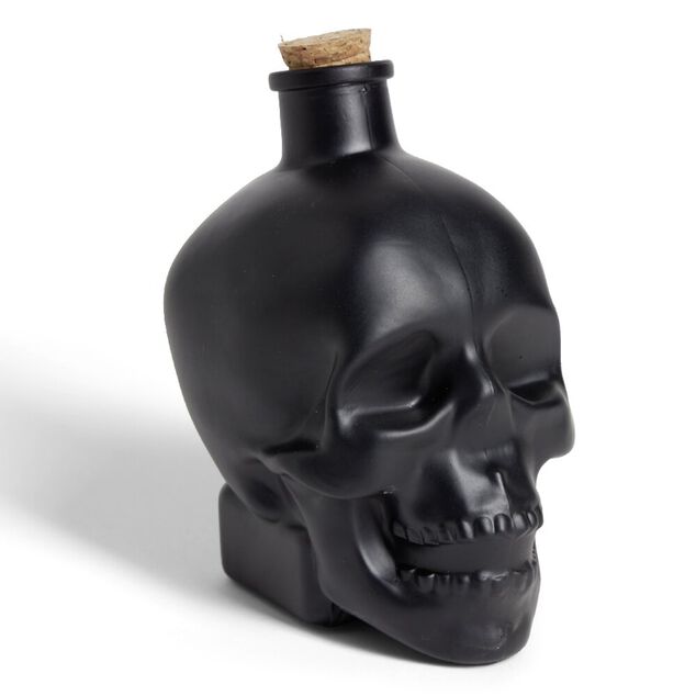 Bouteille poison d&eacute;coration Halloween cr&acirc;ne en verre noir 10x8,5xH14cm