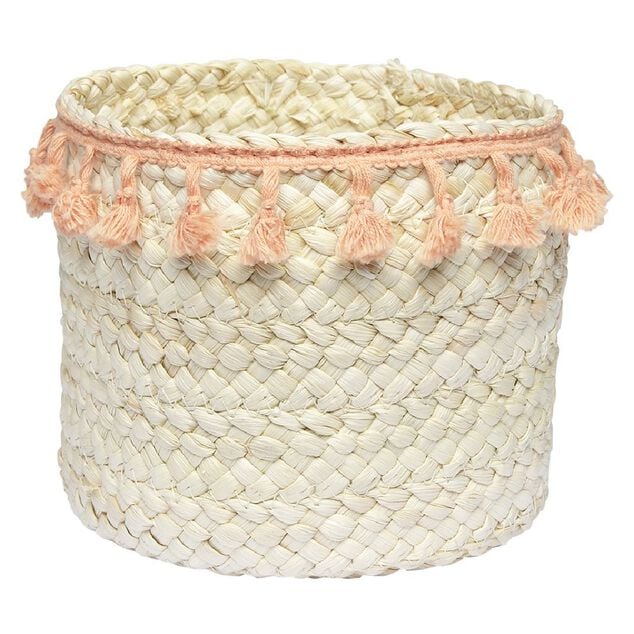 Pani&egrave;re ronde en jonc naturel avec pompons orange &Oslash;19 cm