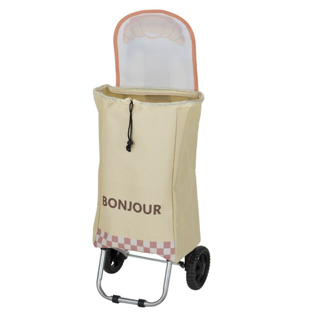 Chariot de courses pliable &agrave; roulettes Bonjour motif croissant beige 32x28xH87cm