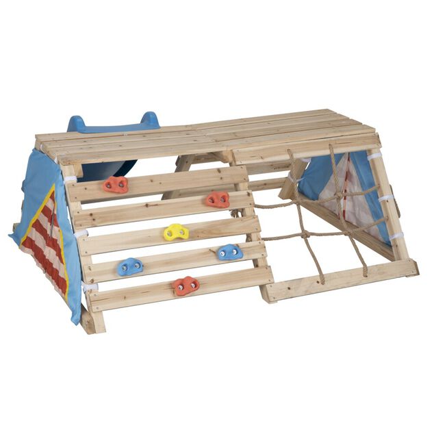 Structure enfant bois toboggan tipi escalade filet et cale-pieds 180x145,5xH60cm